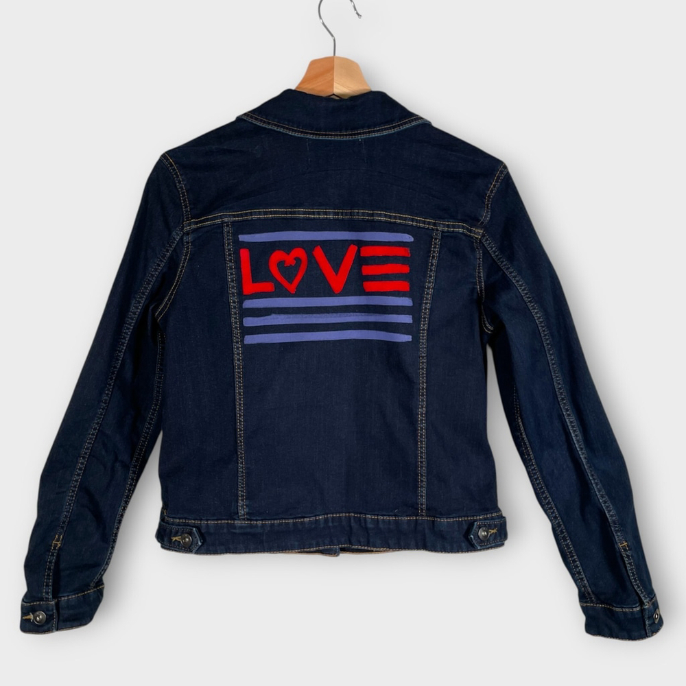 🦜 EV1 Denim Jean Jacket MEDIUM Dark Wash Y2K Love Graphic